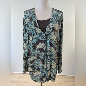 Mirasol Blue Green Paisley Brown Layered Drape Stretch Long Sleeve Plus Blouse